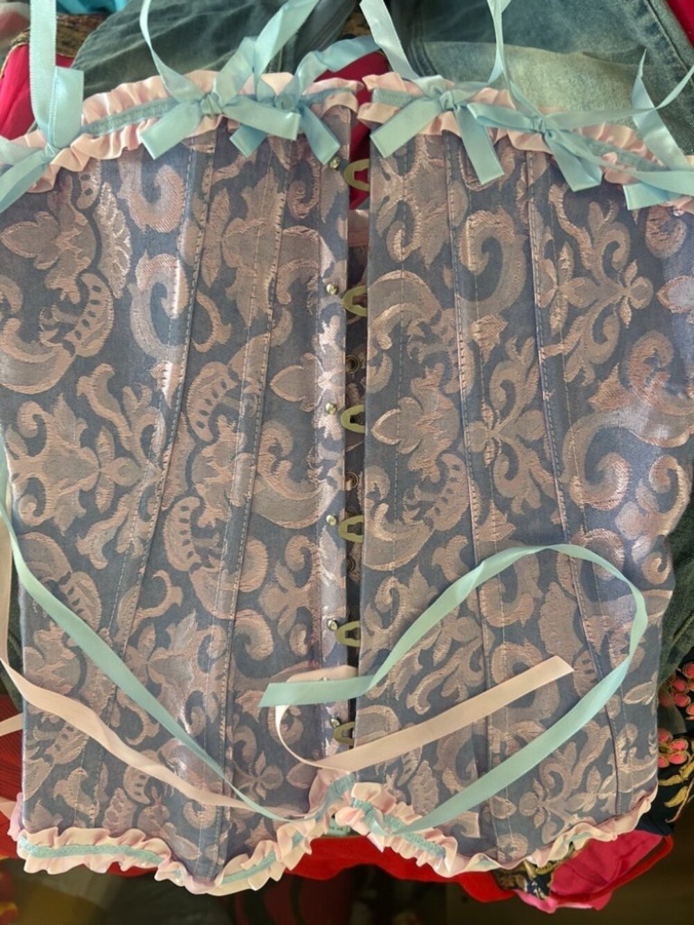 Blue & Pink Floral Brocade Boned Corset Top with Bows XXS